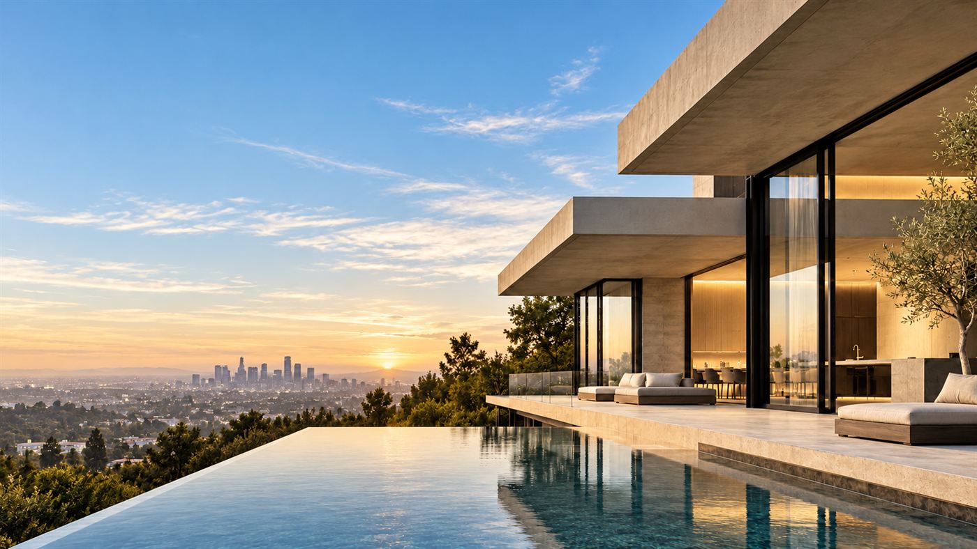 Modern Southern California home with a pool and city view